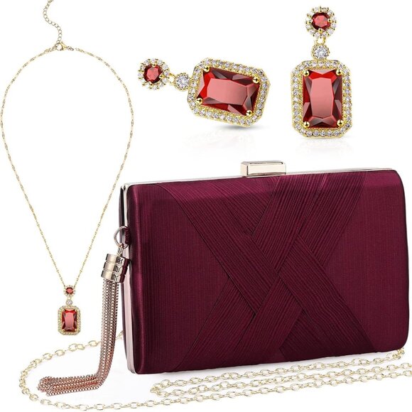 Stylish Maroon Velvet Evening Handbag Set with Matching Jewelry - Women's Choice
